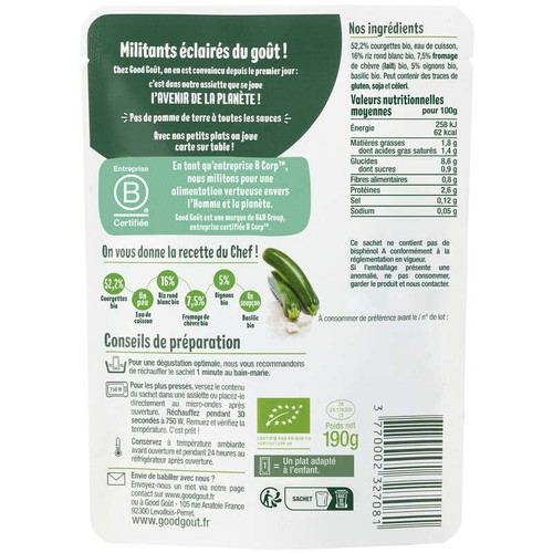 [Par Naturalia]  Good Goût Risotto de Courgettes au Chèvre Bio Dès 8 Mois 190g
