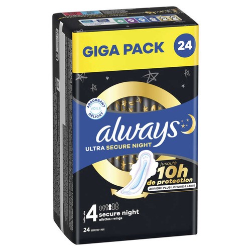 Always Ultra Serviettes Menstruelles Secure Night Avec Ailettes  Taille 4 x24