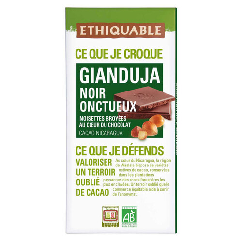 Ethiquable Chocolat Noir Gianduja Onctueux Bio 100g