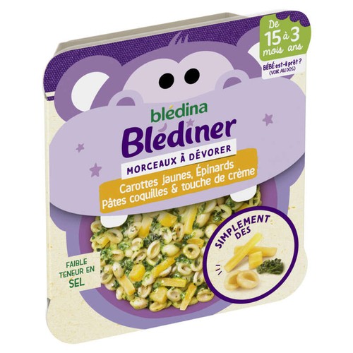 Blédina Petit plat morceaux à dévorer carottes jaunes épinards, pâtes coquilles et touche de crème, de 15 à 36 mois, 200g
