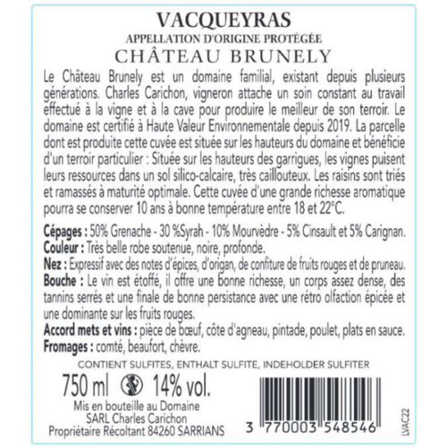 Vacqueyras Château brunely rouge 75cl