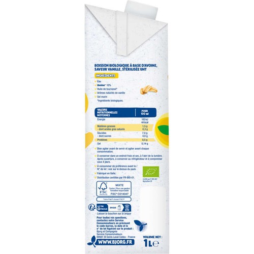 Bjorg Boisson Avoine & Vanille Bio 1L