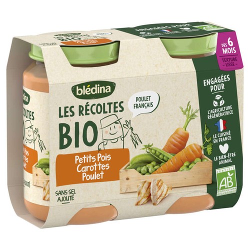Blédina Petits Pots Bio Carottes Petits Pois Poulet Fermier 2x200g