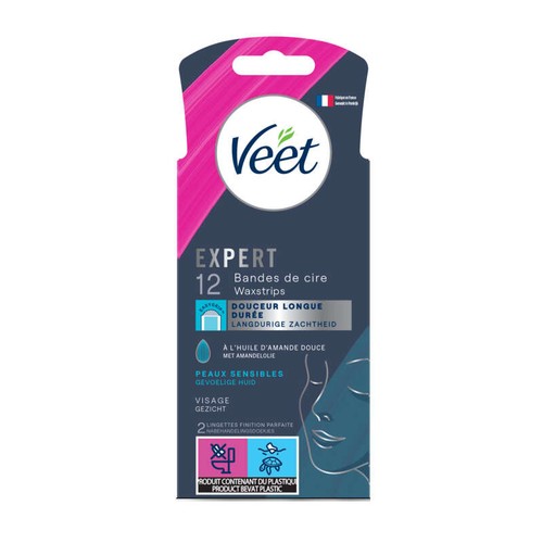 Veet Expert Bandes de Cire Visage & Peaux Sensibles Douceur Longue Durée Amande Douce x12