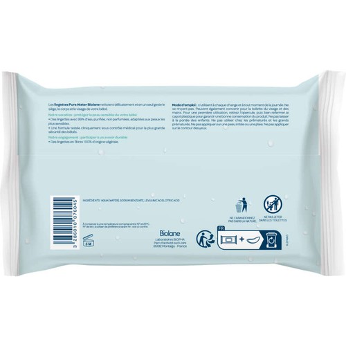 Biolane Pure Water Lingettes 99,9% d'Eau Purifiée x48