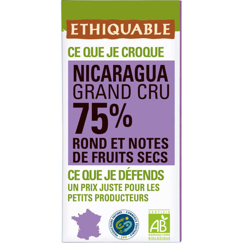 Ethiquable Chocolat Noir 75% Nicaragua Bio 100g