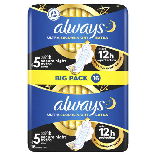 Always ultra serviettes secure night extra taille 5 ailettes x16