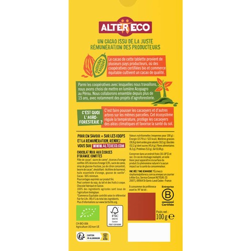 Alter Eco Chocolat Noir Du Pérou Aux Écorces D'Orange, Bio 100g
