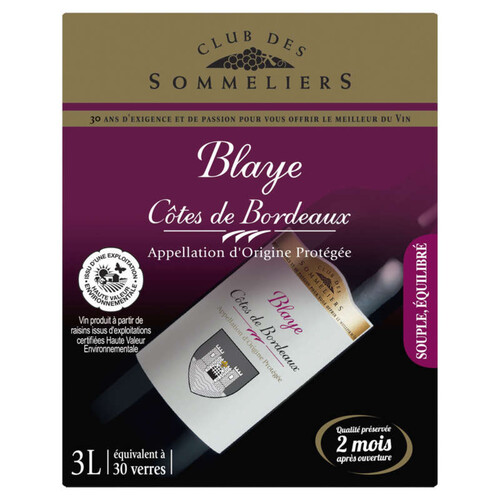 Club Des Sommeliers Blaye Côtes de Bordeaux Vin rouge 3l