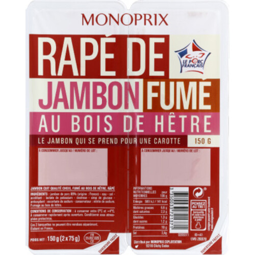 Monoprix Râpé De Jambon Fumé Au Bois De Hêtre 2 X 75G