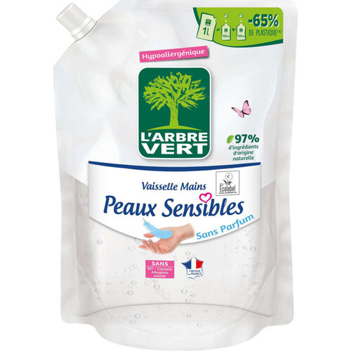 L'Arbre Vert recharge liquide vaisselle peaux sensibles ecolabel - hypoallergénique - 97% d'ingrédients d'origine naturelle - 1l