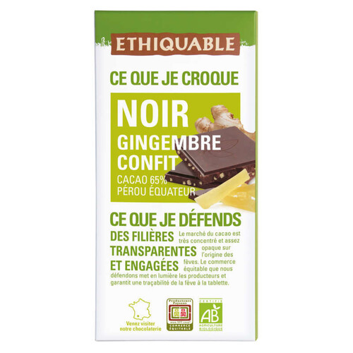 Ethiquable Chocolat Noir Au Gingembre Confit, Bio 100G