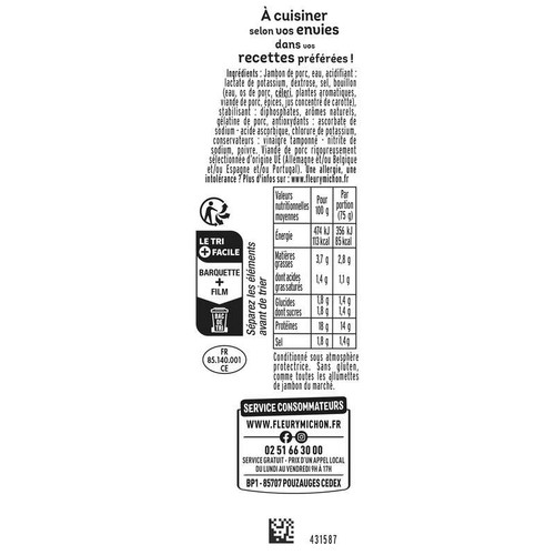 Fleury Michon Allumettes de Jambon Goût légèrement fumé 2x75g