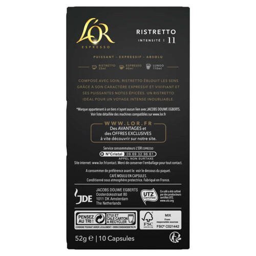 L'Or Espresso Café Ristretto intensité 11 x10 capsules 52g