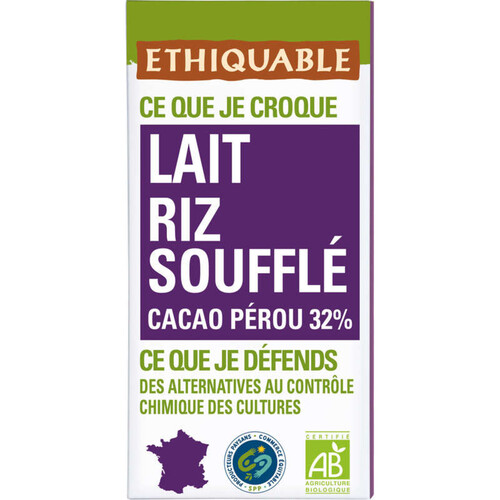 Ethiquable Chocolat Au Lait Au Riz Soufflé 32% Bio 100g