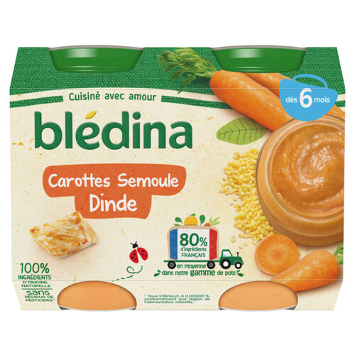 Blédina Pots Carottes Semoule Dinde dès 6 mois 2x200g