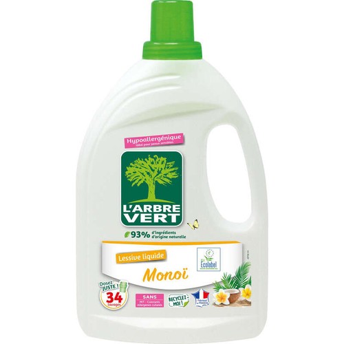 L'Arbre Vert Lessive liquide  Hypoallergénique Ecolabel Monoï x34 Lavages 1,53L