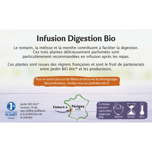 Jardin Bio Etic Infusion Digestion Mélisse Romarin Menthe Bio Sachetx20 30G
