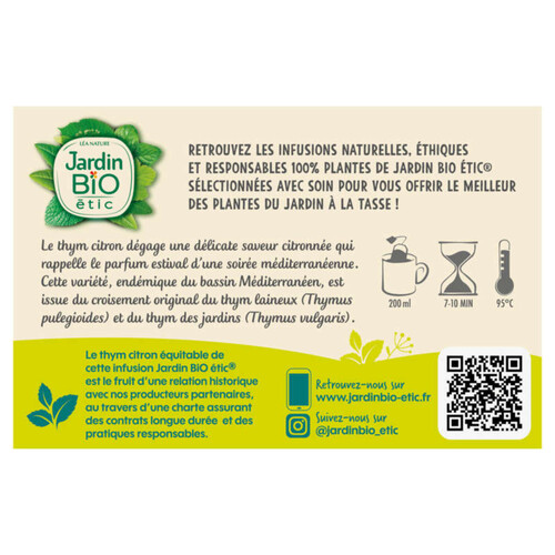 Jardin Bio Etic Infusion Thym Citronné Bio Sachet x20 30g