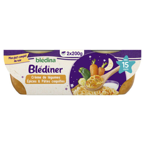 Blédina Blediner Crème de Légumes Aux Epices Douces Et Pâtes Coquilles Dès 15 Mois 2X200g