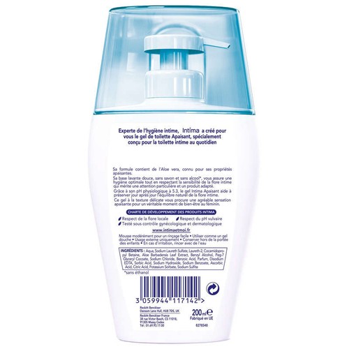 Intima Gel Hygiène Intime Apaisant à l'extrait d'Aloe Vera 97% d'ingrédients d'origine naturelle 200ml