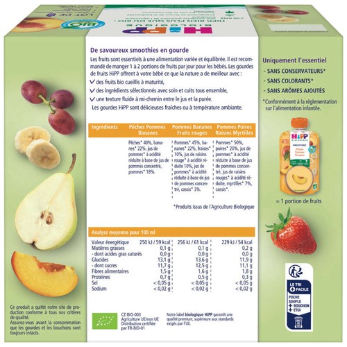 Hipp Biologique Purée de Fruits 3 Variétés, Dès 12 Mois x8