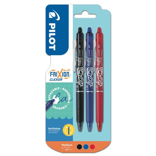 Pilot 3 stylos effaçables FriXion Ball Clicker noir bleu rouge