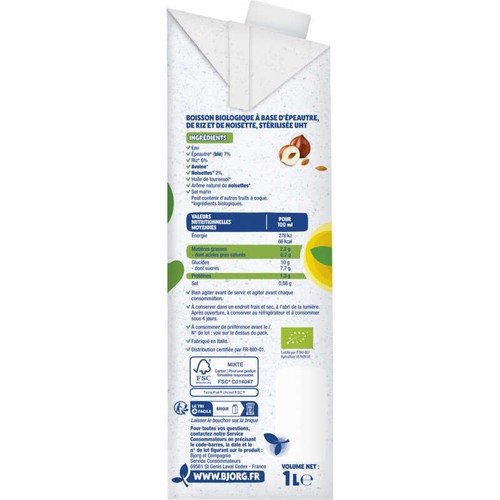 Bjorg Boisson Végétale Épeautre Noisette Bio 1L