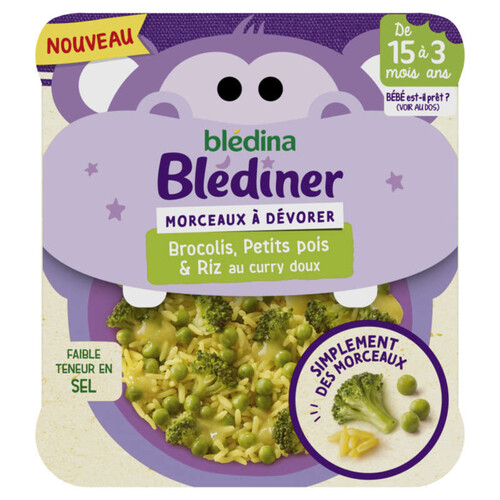 Blédina Petit Plat Morceaux à dévorer Brocolis, Petits Pois & Riz au curry doux de 15 mois à 3 ans 200g