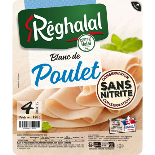 Reghalal Blanc de Poulet Halal sans Nitrite x4 Tranches 120g