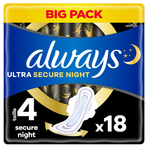 Always ultra serviettes secure night taille 4 ailettes x18