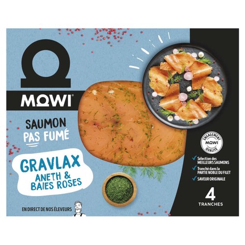 Mowi Saumon pas fumé Gravlax Aneth & Baies roses 4 tranches 100g