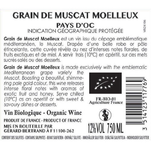 Grain de Muscat Blanc Moelleux Vin de Pays D'Oc Igp 75cl