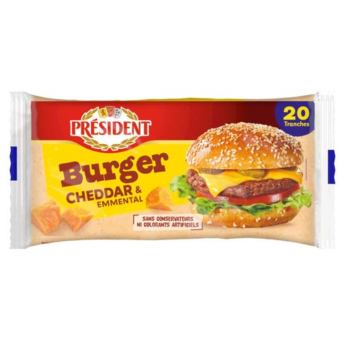 Président Tranches Burger Cheddar Emmental x20 340g