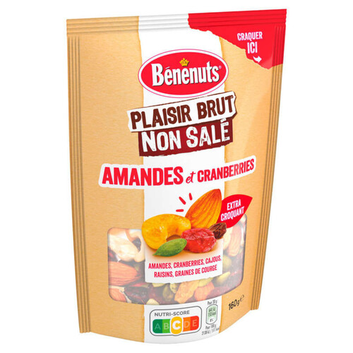 Benenuts - Mélange amandes & cranberries non salé Plaisir Brut - Le sachet de 160g
