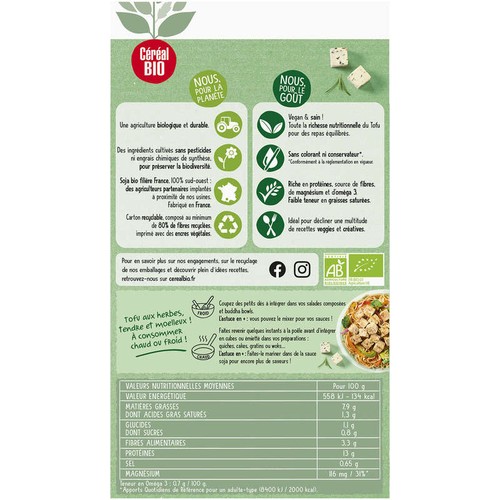 Céréal Bio Tofu aux Herbes à Cuisiner 250g