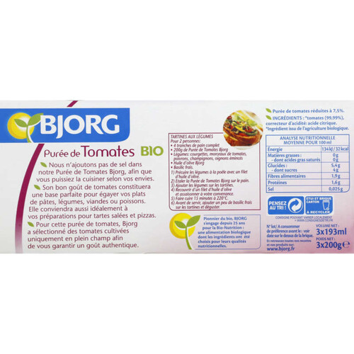 BJOR Purée de tomates Bio 3 x 200g