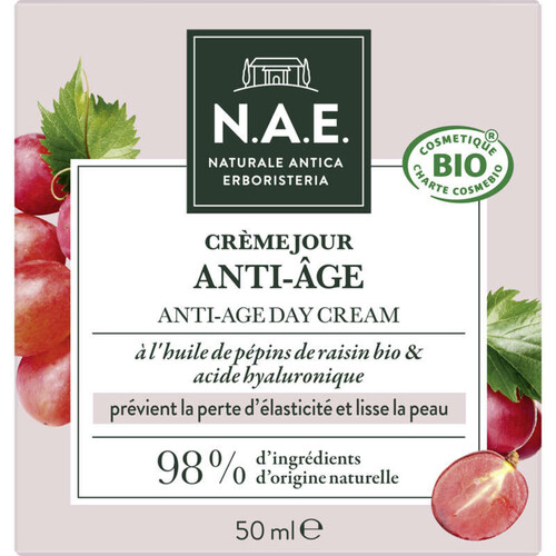 N.A.E Crème Jour Anti-Age à l'Huile de Pépins de Raisin Bio & Acide Hyaluronique 50ml