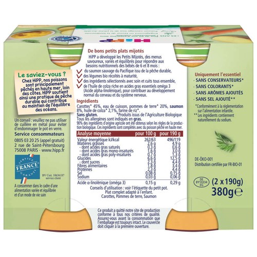 Hipp Petits mijotés jardinière de légumes saumon - dès 6 mois - 2x190g