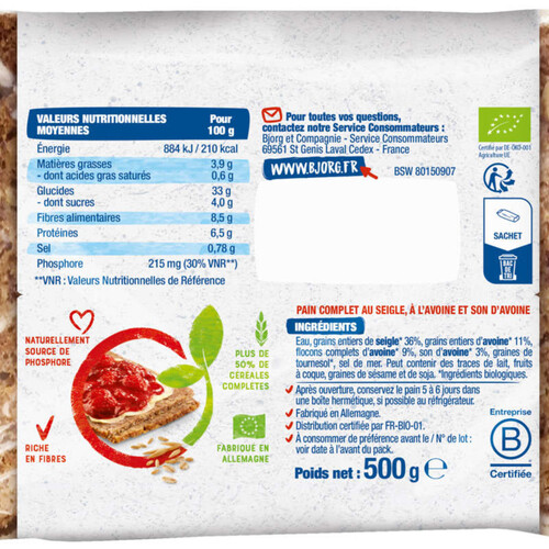 Bjorg Pain Complet d'Avoine, Bio 500g