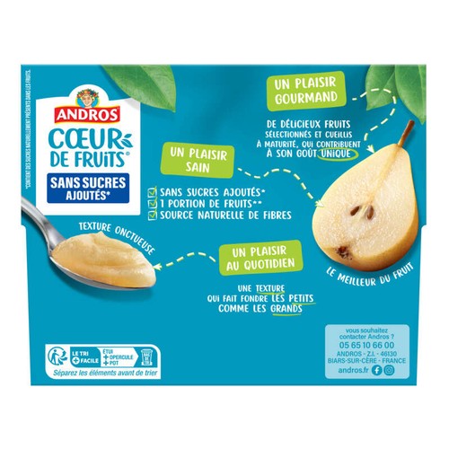 Andros Cœur de Fruits Sans Sucres ajoutés Pomme Poire 4x97g