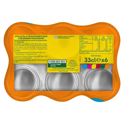 Lipton Ice Tea Thé Glacé Sans Sucres Saveur Pêche 6x33cl