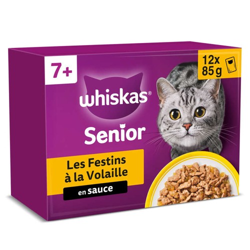 Whiskas Fraîcheur Les Festins à la Volaille en sauce 4 variétés pour chat senior 12x85g