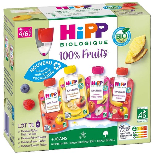 Hipp Biologique Purées de Fruits 4 Variétés, Dès 4/6 Mois x8