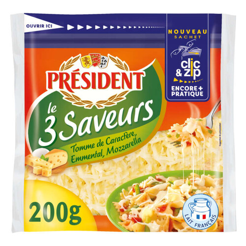 Président Le 3 Saveurs Râpé : Tomme, Emmental & Mozzarella 200g