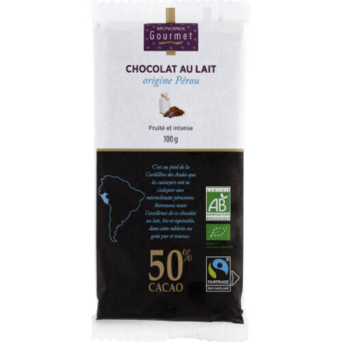 Monoprix Gourmet Chocolat Au Lait Origine Pérou, 50% De Cacao Bio 100G