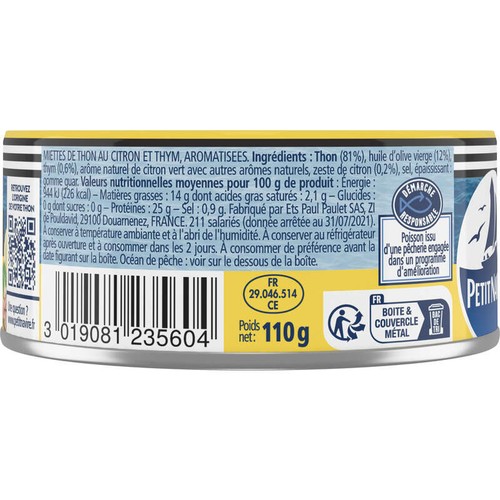 Petit Navire Emietté de Thon Mariné Citron & Thym 110g
