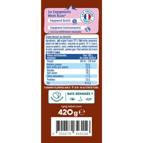 Mont blanc Crème dessert boîte héritage chocolat 420g