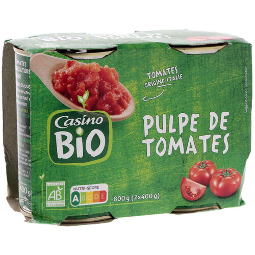 Casino Bio Tomates pelées concassées - Au jus - Biologique - 2x400g