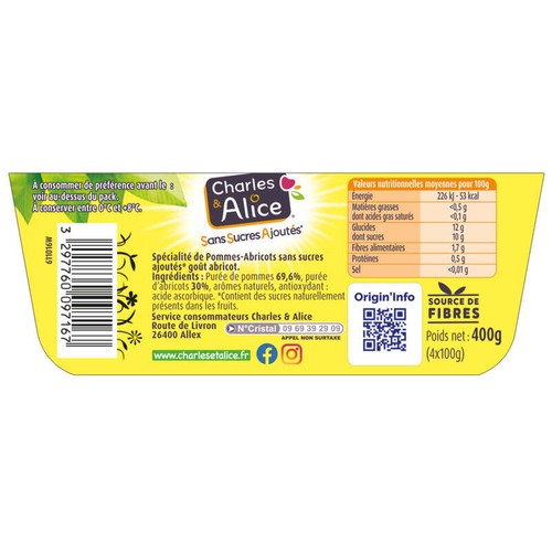 Charles & Alice Compote pommes abricots Bergeron sans sucres ajoutés 4x100g